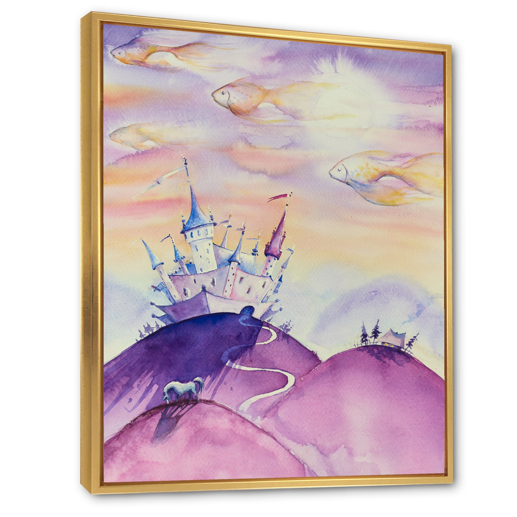 Designart 'Fairy Tale Kingdom Palace On Purple Mountain Top' Children's Art Framed Canvas Wall Art Print