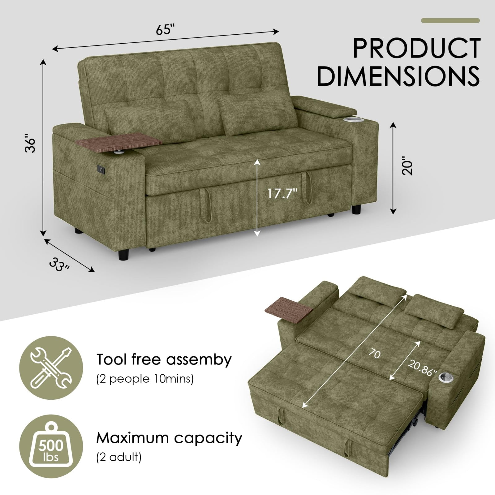 65" Sleeper Sofa Bed, 3 in 1 Convertible Pull Out Couch with Chenille Fabric, USB Ports, Storage Arms, Adjustable Backrest for Apartment Living Room, Green