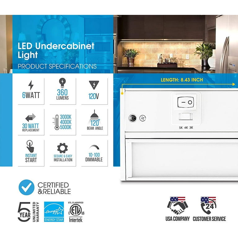 Adjustable LED Under Cabinet Lighting 8 inch, 3 Watt, White, with Swivel Lens, Changeable Color Temperature and Hi-Low Switch