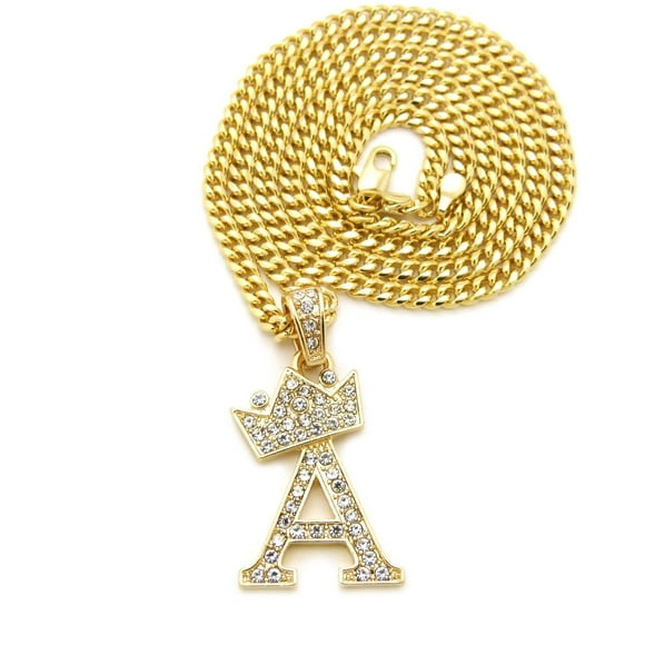 Fashion 21 Collier Chaîne Cubain 3mm 24 Pouces avec Couronne Pavée Inclinée et Initiale en Or, Ton Argent (A - Ton Or)