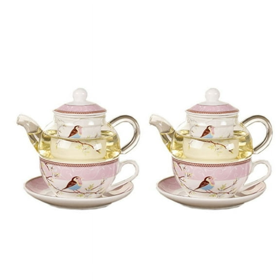 2X Ceramic Flower Teapot Flower Bird Cup Saucer Heat- Glass Pot Set Coffee Cup Afternoon Tea Tea Set Pink