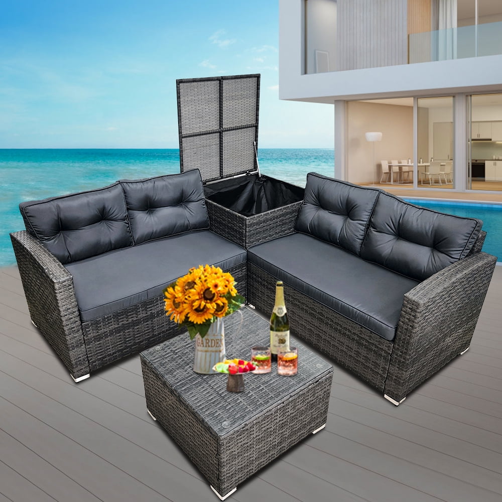 Rattan Patio Sofa Set, 4 Pieces Outdoor Sectional Furniture, All-Weather PE Rattan Wicker Patio Conversation, Cushioned Sofa Set with Glass Table & Storage Box for Patio Garden Poolside Deck