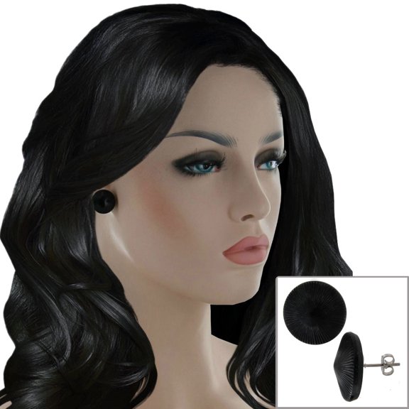 Black Glass Button Pierced Earrings 3/4" Ladies Adult Female Women