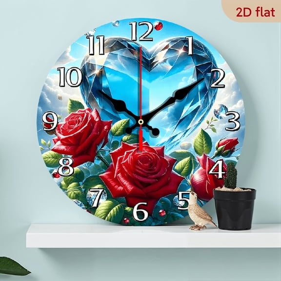2D Flat Round Wooden Wall Clock, 10-Inch Unique Gift with Floral Design, Silent Non-Ticking Movement for Living Room, Bedroom, Office Kitchen Decor (Battery Not Included) - Vintage World-Themed