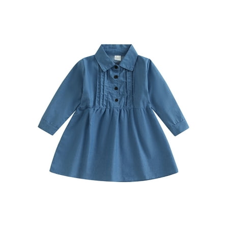 

Canrulo Toddler Baby Girls Casual Spring Fall Dress Button Long Sleeve Turn Down Collar Tunic A-line Dresses Blue 3-4 Years