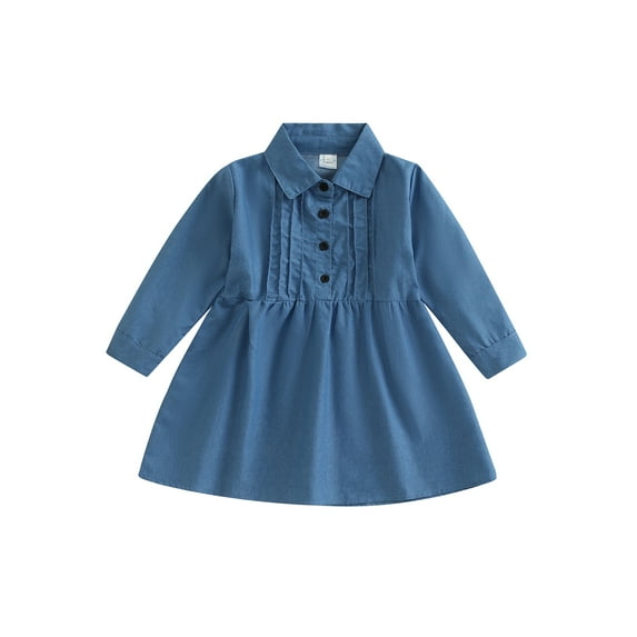 hirigin Kid Girl Shirt Dress, Solid Color Long Sleeve Turn-Down Collar Button Closure A-Line Dress for Spring Autumn