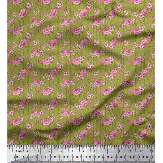 Soimoi Cotton Duck Fabric Stripe,Leaves & Peony Floral Decor Fabric Printed Yard 56 Inch Wide