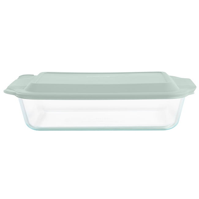 Pyrex Deep 9 x 13" Rectangular Glass Baking Dish with Sage Green Lid, 5-Quart Capacity
