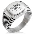 thumbnail image 1 of Stainless Steel Love You Calligraphy Swirl CZ Ribbed Needle Stripe Pattern Biker Style Polished Ring, 1 of 1