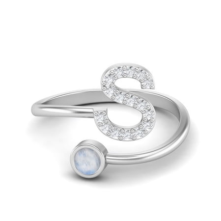 Capital S Initial Letter Moonstone Women Adjustable Front Open Valentines Day Gifts Ring 925 Sterling Silver