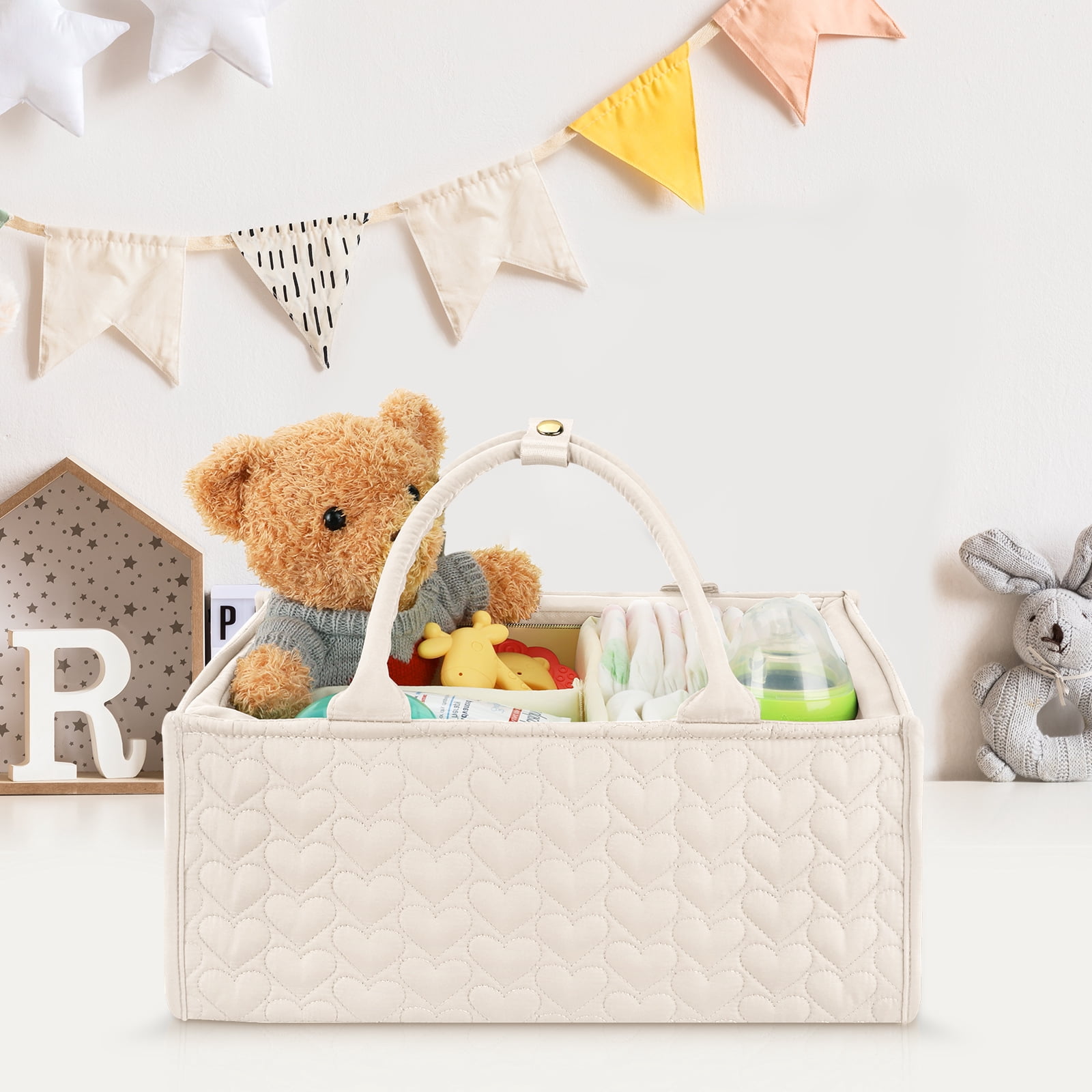 Baby Diaper Caddy, Soft Quilted Fabric Nursery Storage Organizer with Dividers & Side Pockets, Foldable Portable Changing Basket, Ideal Baby Shower Gift for Newborn