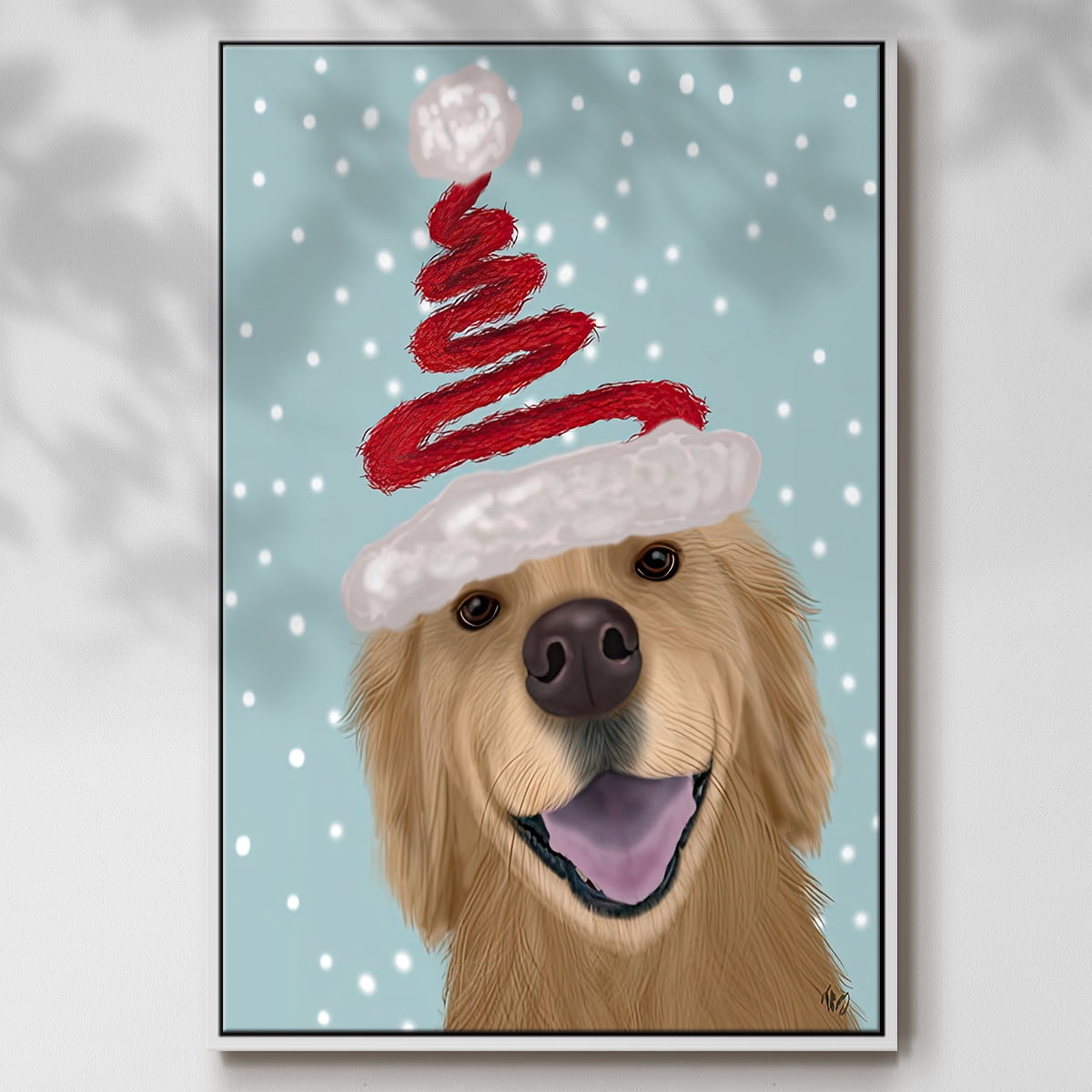 Christmas Golden Retriever and Spring Santa Hat - Framed Gallery Wrapped Holiday Canvas - 27 x 41 - White Frame