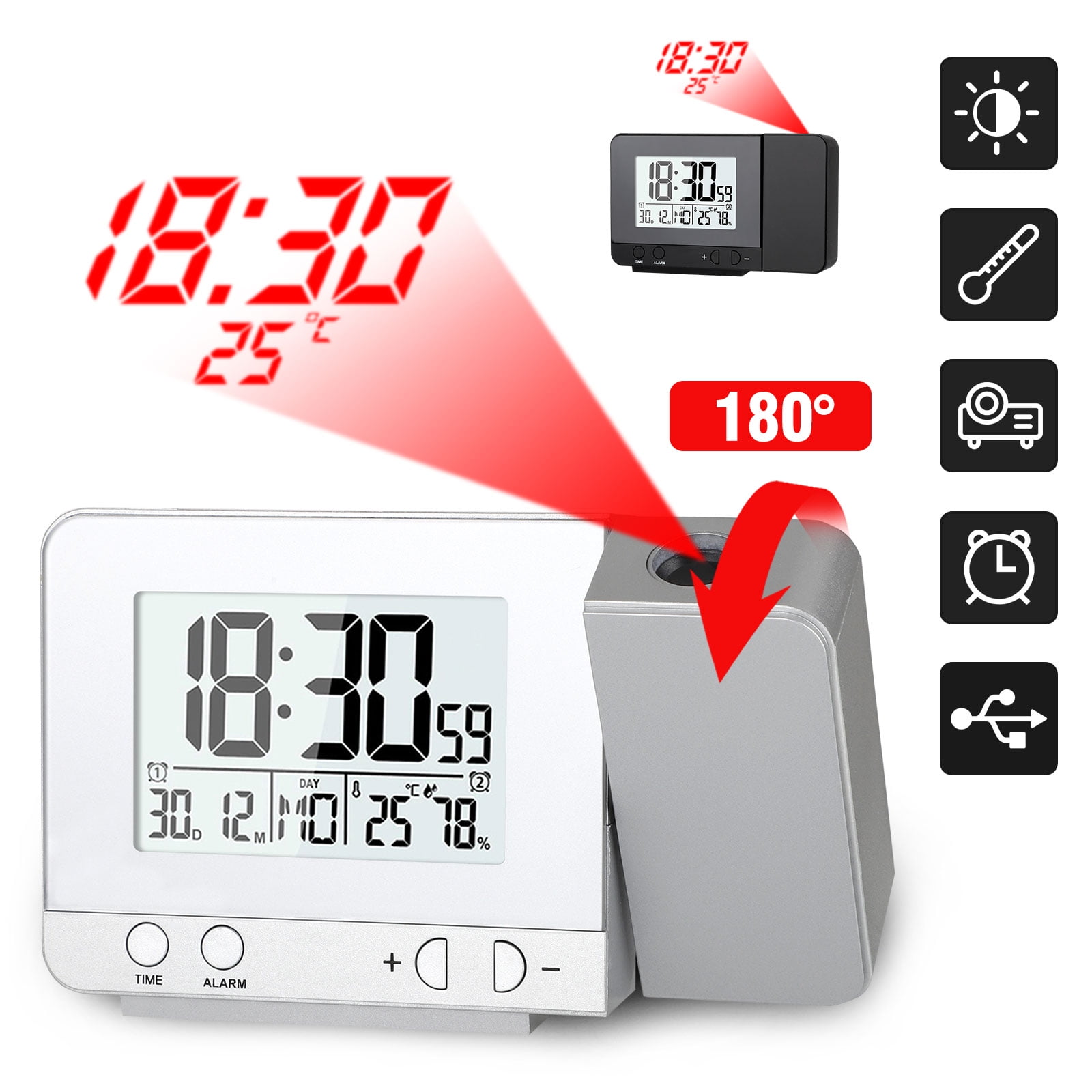 Projection Alarm Clock LED Atomic Indoor/Outdoor Temperature Weather Projector 