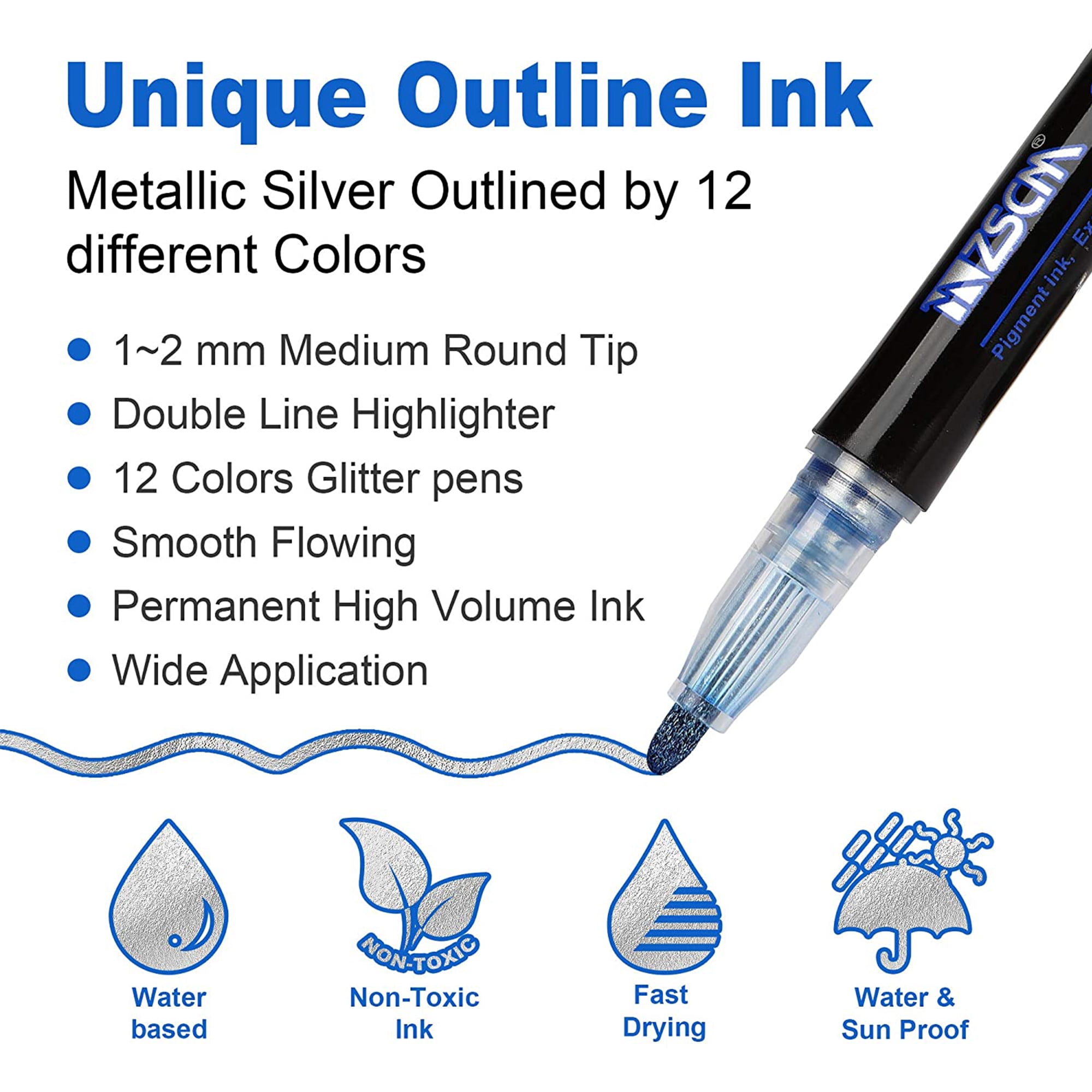 Outline Markers Super Squiggles,12 Colors Double Line Metallic Pen Set  Sparkle Self-Outline Doodle Marker Cool Magic Silver Glitter Dazzle Pen 