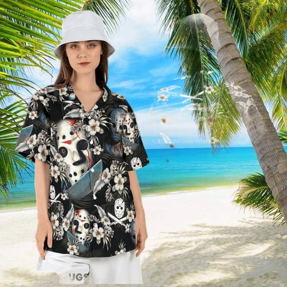 Floral Jason Voorhees Mask Hawaiian Shirt Friday the 13th Hawaii Shirt Halloween Horror Mo