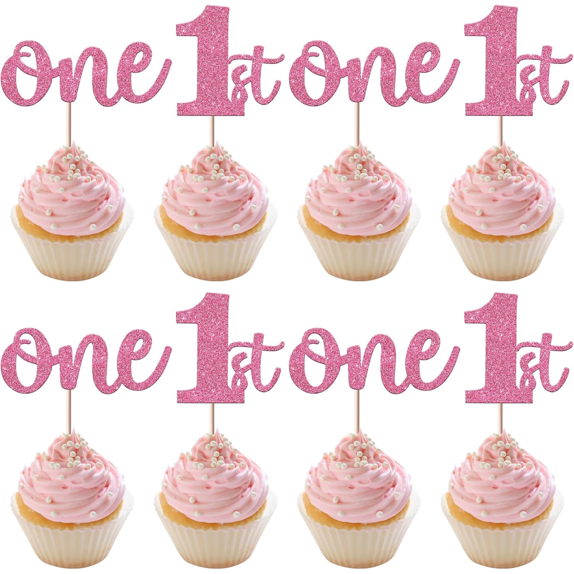 1st Birthday Cupcake Toppers 12 Pack Pink Glitter One Themed Picks Baby First Birthday Party Cake Decorations