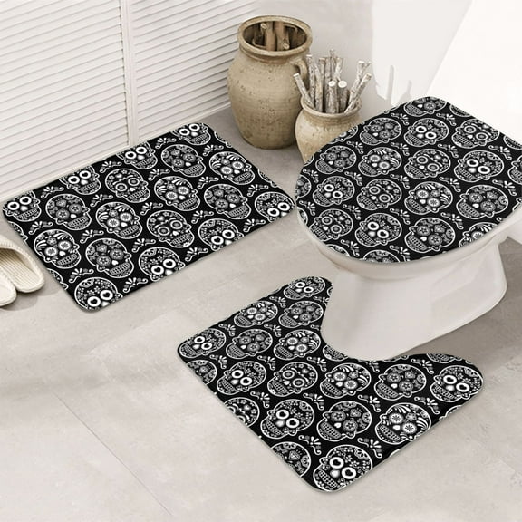 Bathroom Rugs Sets 3 Piece - Exotic Black White Line Skull Absorbent Non Slip Bath Mats, U-Shape Toilet Lid Cover, Contour Mat, Soft Washable Shower Mats Bath Rug Mat for Bathroom Tub Toilet