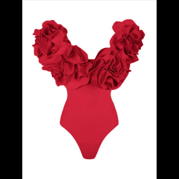 Traje de Baño de una Pieza para Mujer, Falda Cruzada, Pareo, Bikini con Estampado Floral Retro. Traje de Baño Rojo XL