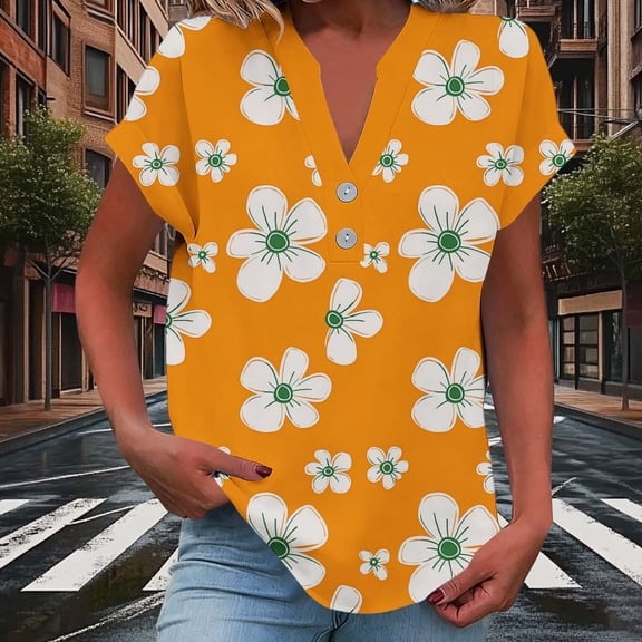 HOMBOM Womens Tops Shirts Summer Short Sleeve Cotton Linen Loose Fit Orange Floral Button V Neck T Shirts for Ladies