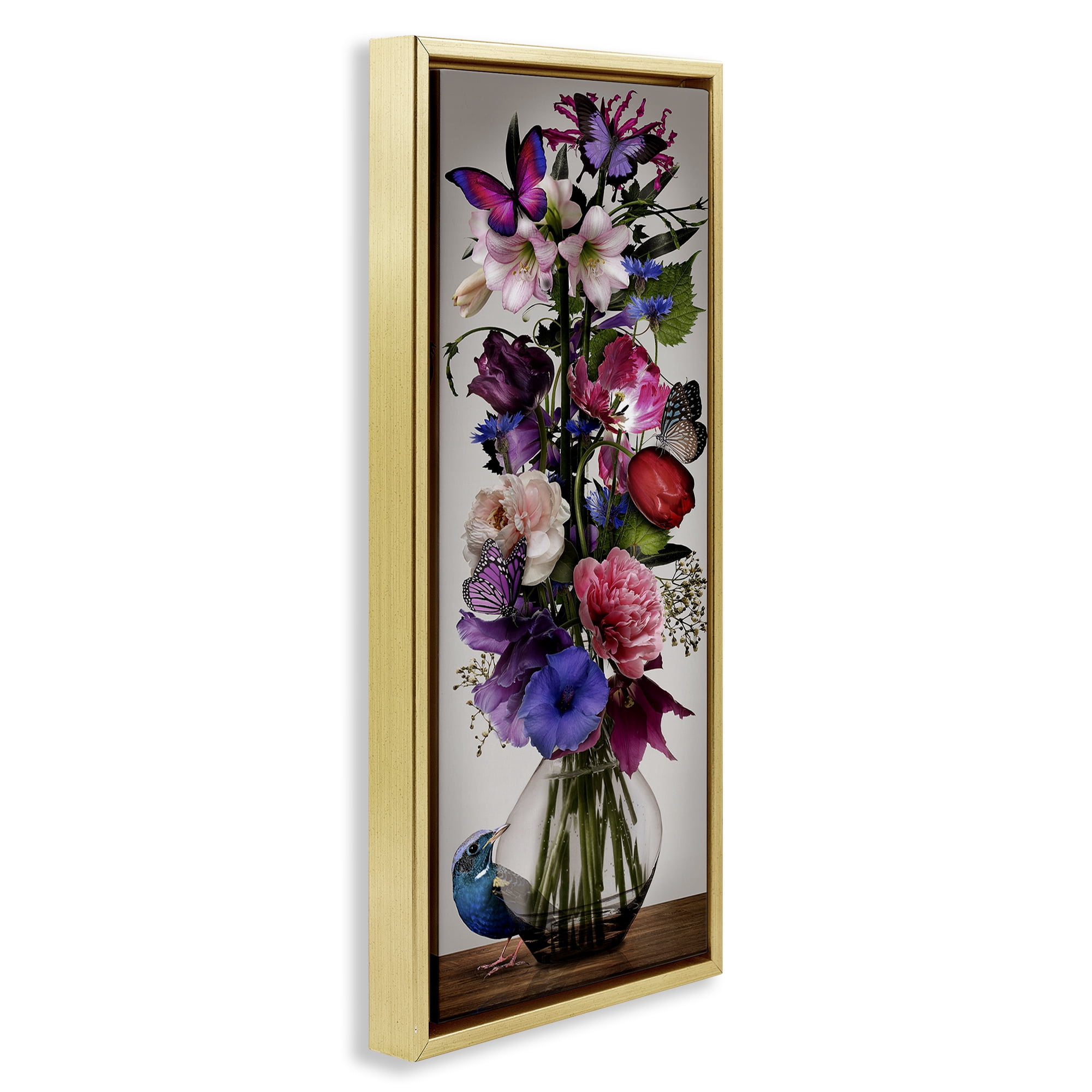 Stupell Industries Bird Peeking at Bouquet Plants & Flowers Painting Gold Floater Framed Canvas Art Print Wall Art, 14 x 31