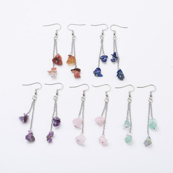 5 Pairs Natural Tumbled Stone Colorful Gemstone Chip Dangle Drop Earrings Brass Drop Hook Earrings for Women Jewelry Gift