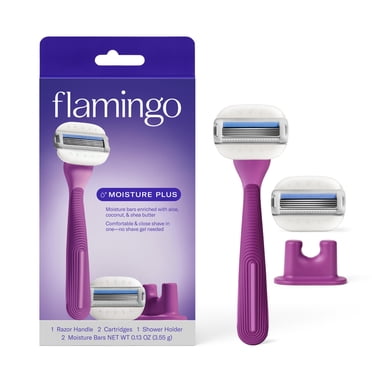 Flamingo Women's Moisture Plus Razor Set with Razor Handle, 2 Blade Refill Cartridges, and Shower Holder, Fig