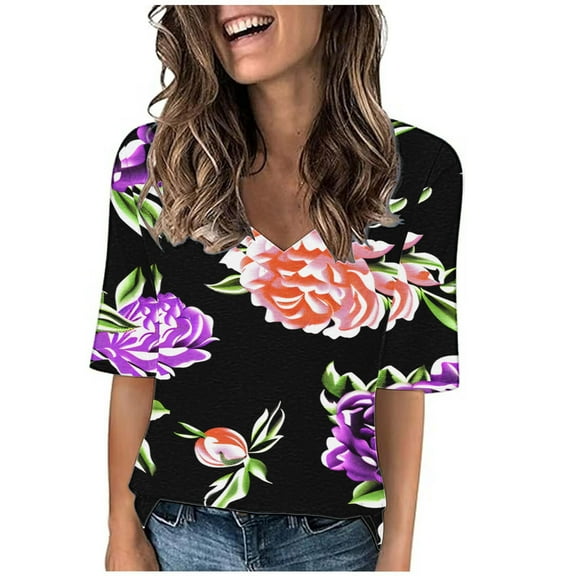 Ultrave Womens Tops Casual V Neck 1/2 Sleeve Blouse Print Casual Fashion Clothes