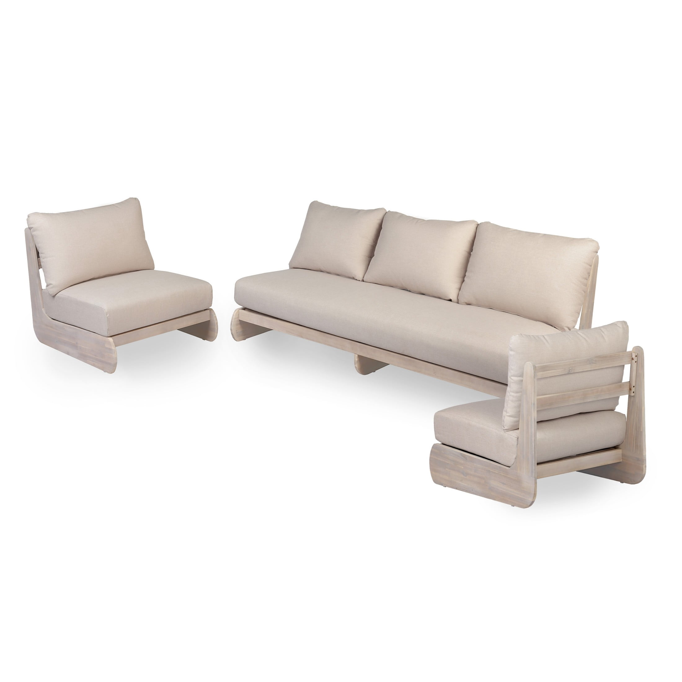 Christopher Knight Home 3 -Piece Outdoor Chat Set with Sand Cushions, Wood Frame, Patio Sofa & Club Chairs