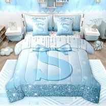 Castle Fairy Personalized Initial S Twin Bedding Sets 7-Piece for Boys Girls,Bling Splash Glitter Bedding Comforter Set Microfiber,Dreamy Princess Bow Breathable Sheet Sets,Super Cozy Room Decor