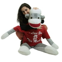 Big Plush Giant Valentine Sock Monkey 54" Soft Huge Stuffed Animal, Wears Removable T-shirt I LOVE YOU THIS MUCH