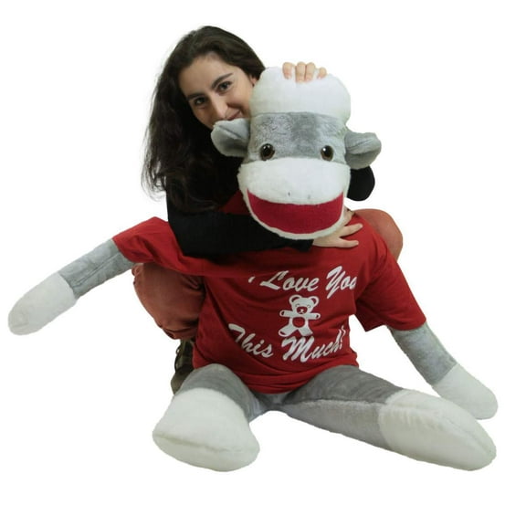 Big Plush Giant Valentine Sock Monkey 54" Soft Huge Stuffed Animal, Wears Removable T-shirt I LOVE YOU THIS MUCH
