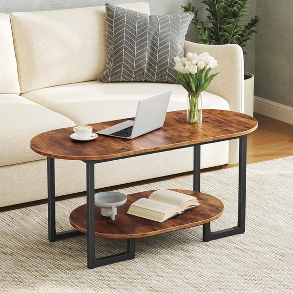 Coffee Table for Living Room, Oval Small Coffee Table with 2-Tier Open Storage Shelf, Industrial Cocktail Tea Table, Wooden Desktop Center Table, Farmhouse, Home Office, Rustic Brown