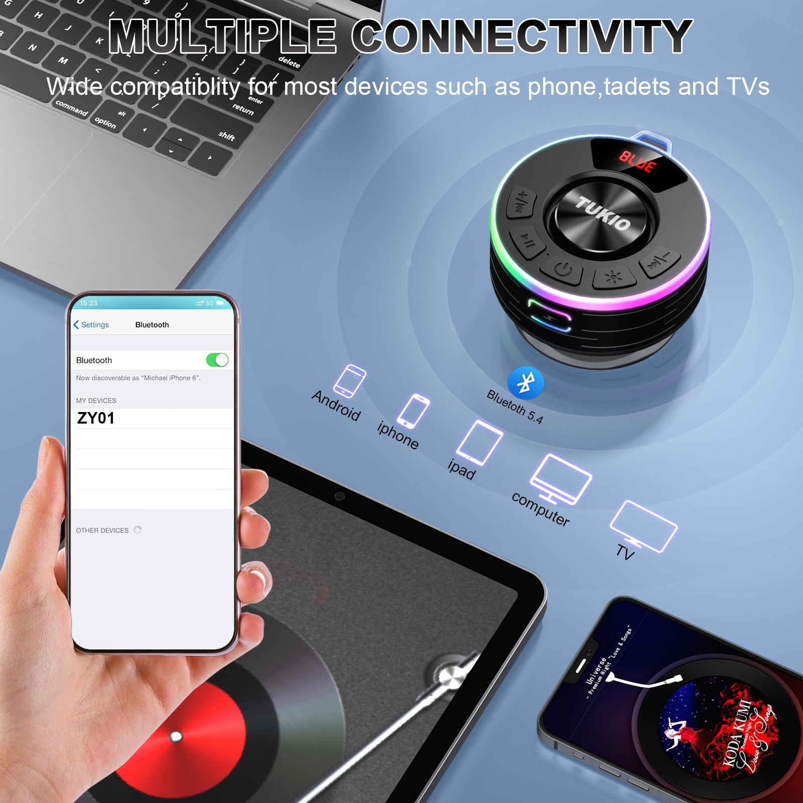 Tukio Bluetooth Speaker, IPX7 Waterproof Shower Speaker with Suction Cup, Mini Portable Speaker, 12H Playtime, Bluetooth 5.4, 360° Sound, RGB LED, Hands-Free Calls, Outdoor Pool Beach Gifts, Black