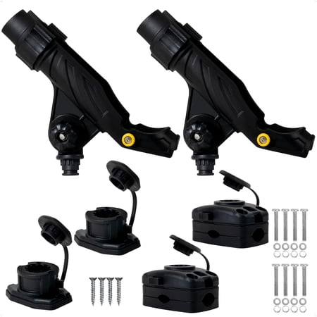Five Oceans 2-Pack Fishing Rod Holder Set Large Black High-Impact Nylon Hook Keeper& Locking Collar with 2 Deck & 2 Rail Mount Bases for Versatile Mounting - FO4740-4746-M2