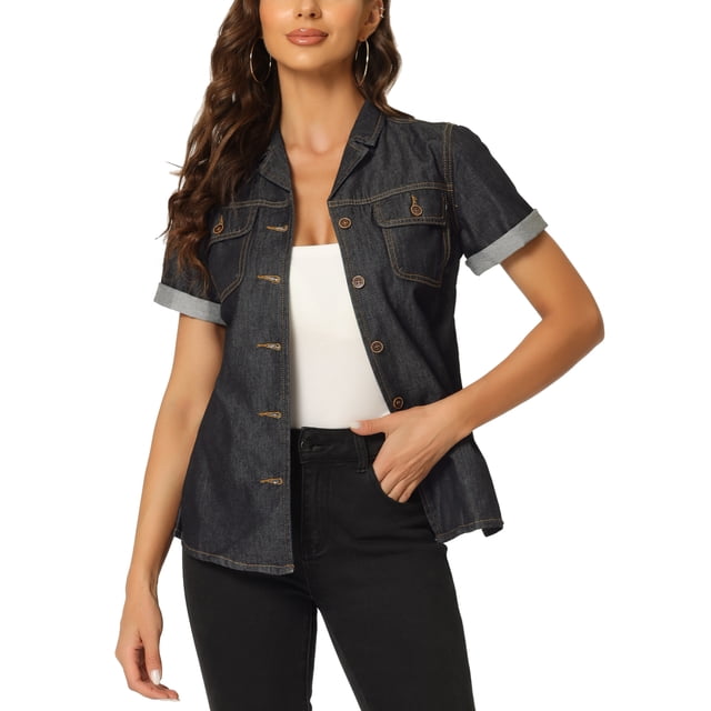 INSPIRE CHIC Women's Denim Jacket Short Sleeve Collared Button Up Jean Shirt Tops M Black