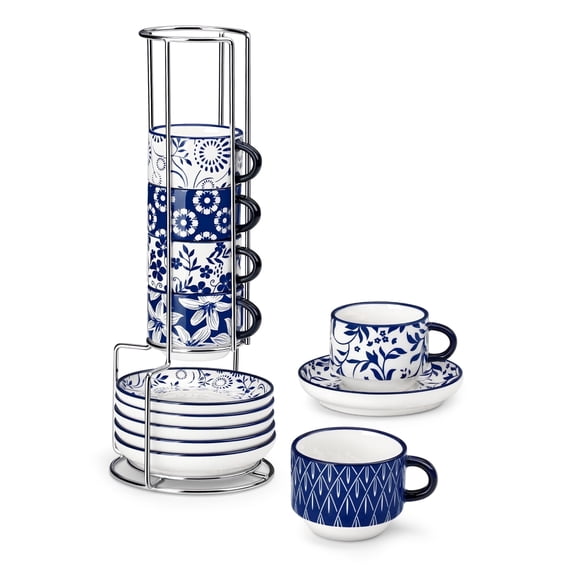 Malacasa Stackable Espresso Cups Set of 6, 2.5 oz Cappuccino Cups with Saucers and Rack, Coffee Mugs for Specialty Coffee Drinks, Latte and Tea