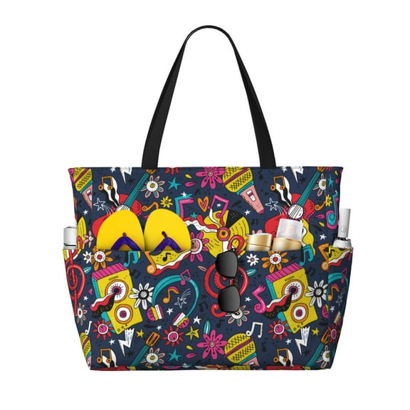 KLL Rock Music Print Large Beach Tote Bag Women Waterproof Sandproof Zipper Beach Tote Bag for Pool Gym Grocery Travel with Wet Pocket