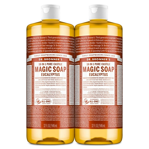 Dr. Bronner's Savon Magique - Savon Liquide Pur-Castile (Eucalyptus, 32 Onces, Lot de 2) - Huiles Certifiées Régénérantes Biologiques, 18-en-1 Utilisations : Corps, Cheveux, Lessive, Animaux & Vaisselle, Concentré