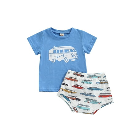 

WPNAKS Newborn Boys Two-Piece Outfits Cartoon Truck Printed Short Sleeve Round Neck T-Shirt + Elastic Waist Short Pants