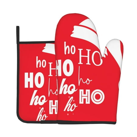 

KLL Saying Ho Ho Ho Pattern Oven Mitts and Pot Holders 2pcs Sets for Kitchen Oven Mitt Heat Resistant 536°F Oven Gloves for Kitchen Cooking and Baking