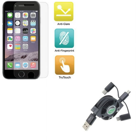 iPhone 8/7/6S/6 - Film TPU Screen Protector w Retractable USB Cable - Anti-Glare Anti-Fingerprint Matte, Charger Power Cord 3-in-1 Wire for iPhone 8/7/6S/6