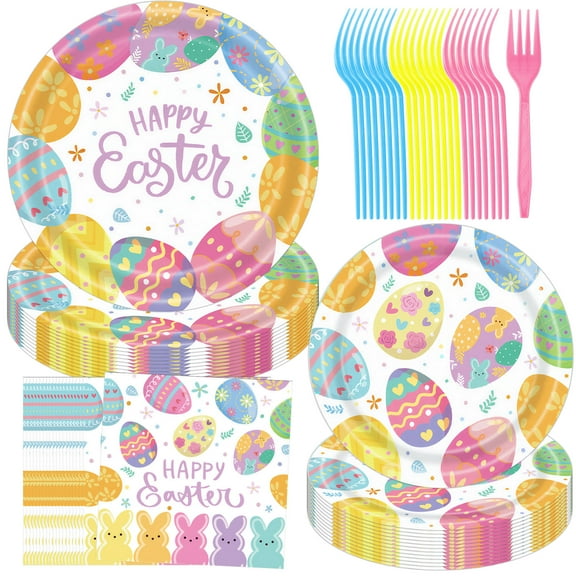 JESTAR Easter Party Supplies, 96 Pcs Easter Bunny Egg Paper Plates and Napkins Sets, Easter Themed Dinnerware for Party, Serves 24