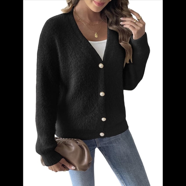 Cárdigan de Mujer para Otoño e Invierno, con Botones, Larga, Cuello en V, Tejido Grueso y Suave. Negro L