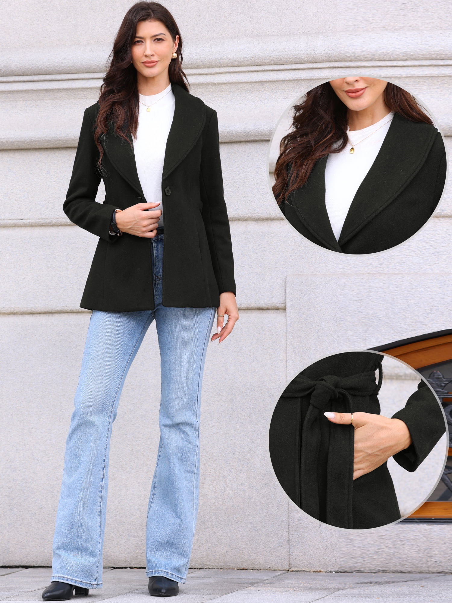 DARING DIVA Women's Lapel Collar One Button Overcoat with Belt XS Black