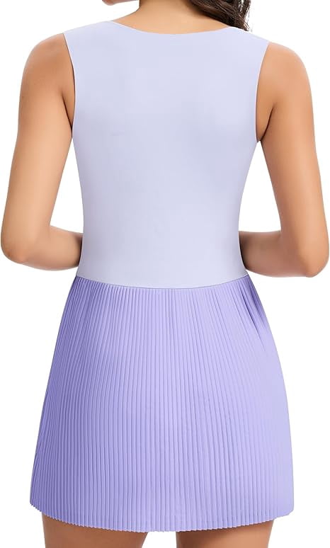JoyGirl Womens Square Neck Tennis Dress Pleated Sleeveless Golf Dress with Built in Shorts Athletic Dresses with Pockets