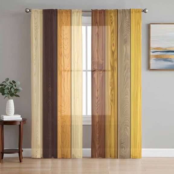 Farmhouse Yellow Brown Sheer Curtains 84 Inch Length 2 Panels Set, Retro Vintage Wood Voile Window Treatment Rod Pocket Curtains Sheers Drapes for Bedroom/Living Room/Kitchen 52"x84"x2