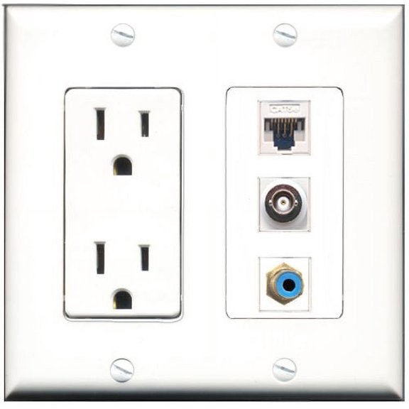 RiteAV - 15 Amp Power Outlet 1 Port RCA Blue 1 Port BNC 1 Port Cat5e Ethernet White Decorative Wall Plate