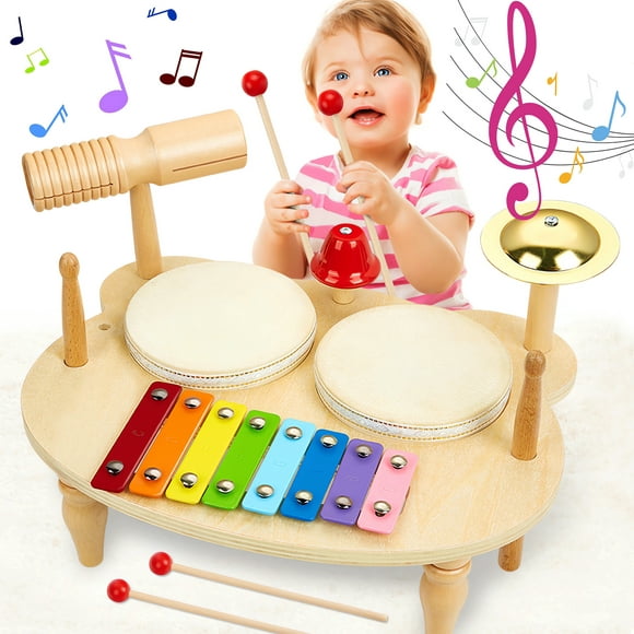 Kids Drum Set for Toddlers, Baby Music Instruments 7 in 1 Preschool Musical Montessori Toys for 1 2 3 Year Old, Children Drum kit Xylophone Tambourine Birthday Gifts for Boys and Girls