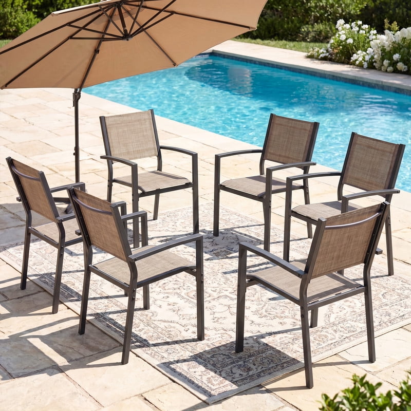 Vineego 6 Pack Stackable Patio Dining Chairs, Brown Breathable Textilene Outdoor Chairs with Armrest, Weather Resistant for Yard