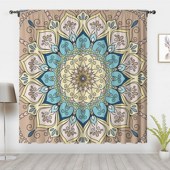 Indian Mandala Window Curtain Boho Blue White Mandala Flower Drapes Ethnic Culture Vintage Floral Window Treatments for Bedroom Home Decor(Rod pocket)